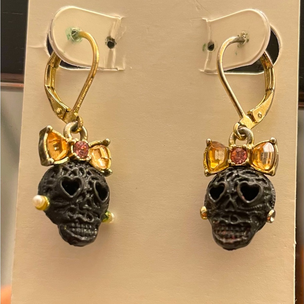 Betsey Johnson Black Skull Drop Earrings with Crystal Bows